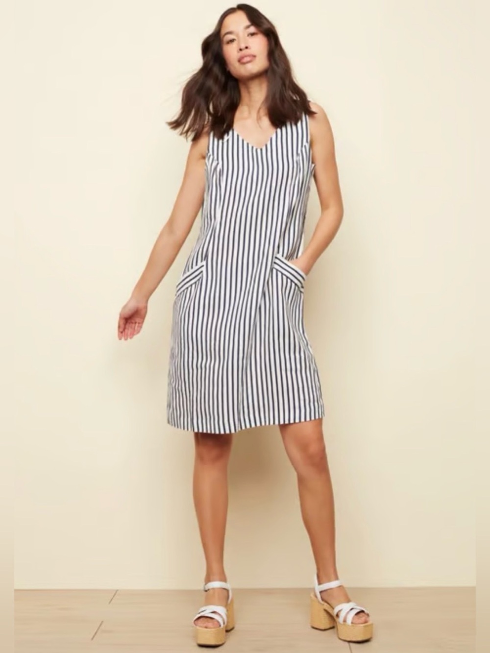 Charlie B 100% Linen Striped Shift Dress Pockets Petite Small